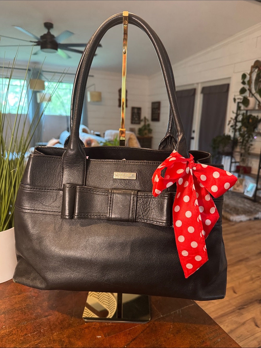 💕kate spade Black Leather Tote with Red Polka Dot Scarf Accent